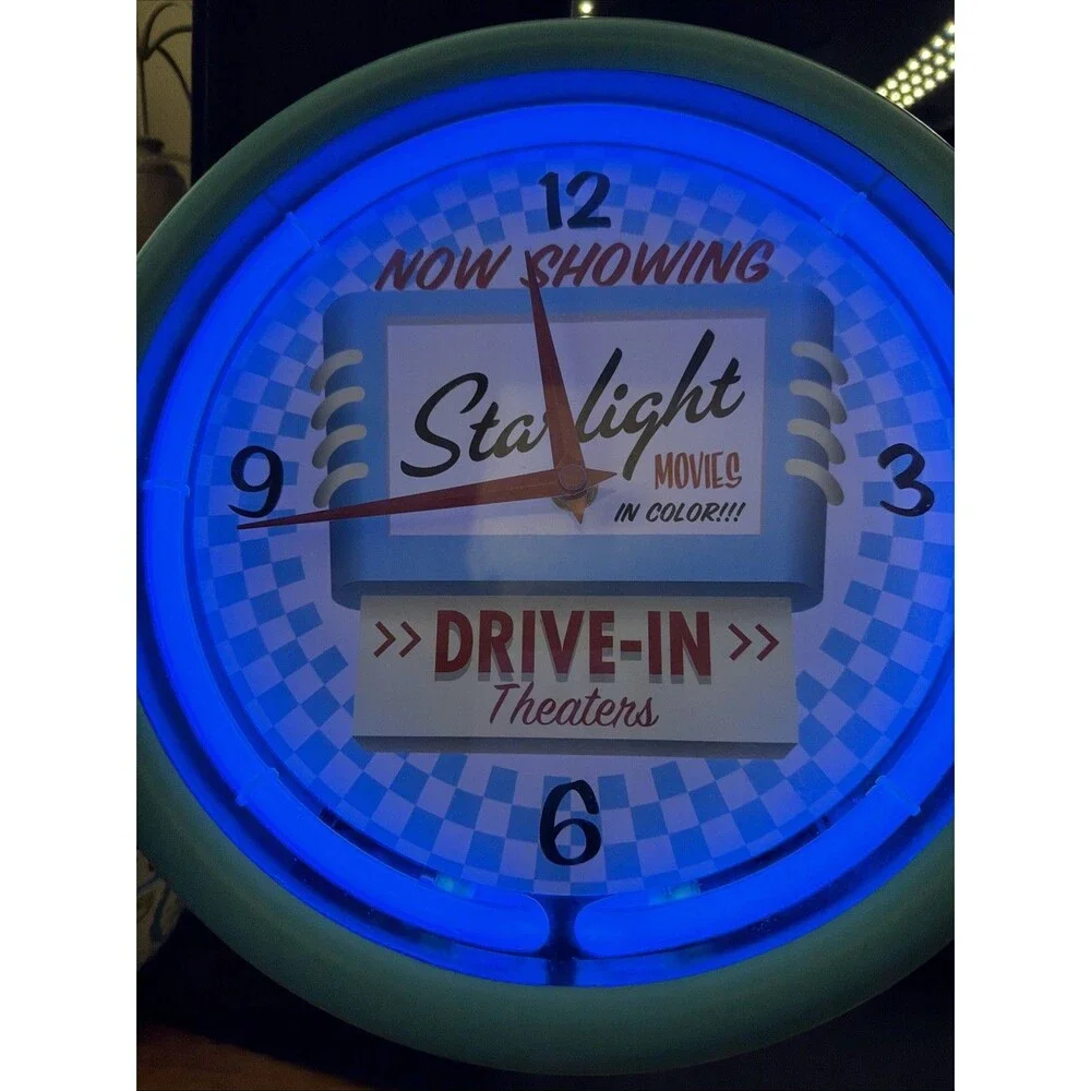 Ravina Clock Company  BLUE Twin Bell  Neon Clock Starlight Movies Drive In. GUC!